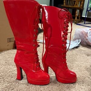 Red Lace-Up High Heel Boots